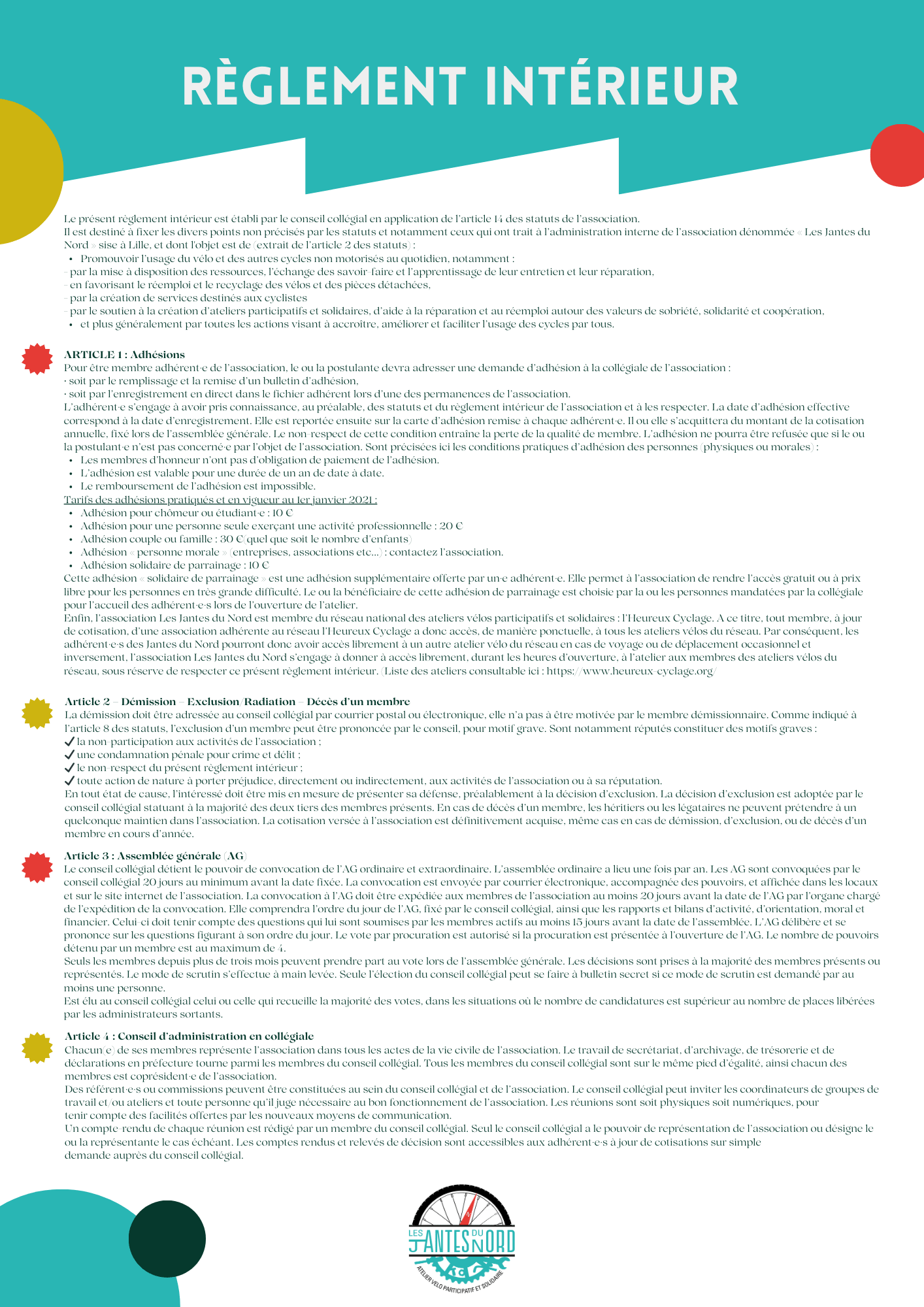 page 1 du règlement intérieur de l’association les Jantes du Nord